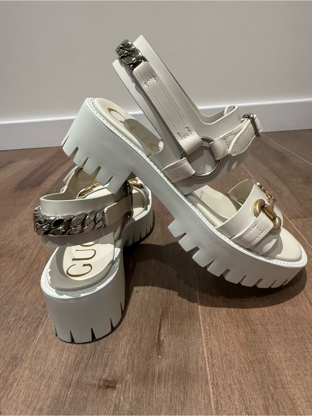 Gucci Cream Lug-Sole Horsebit Platform Sandals